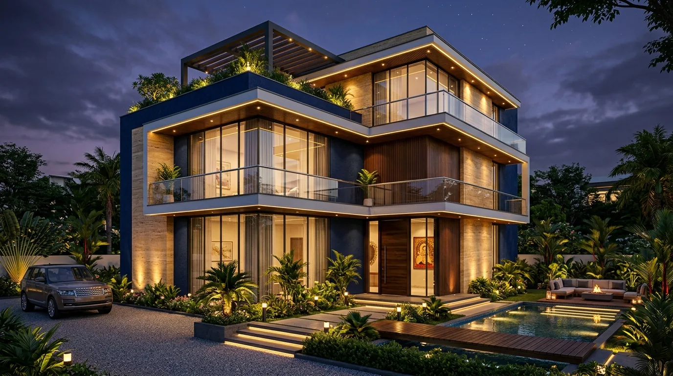 Trilok Constructions luxury villa with private pool and landscaped garden at dusk