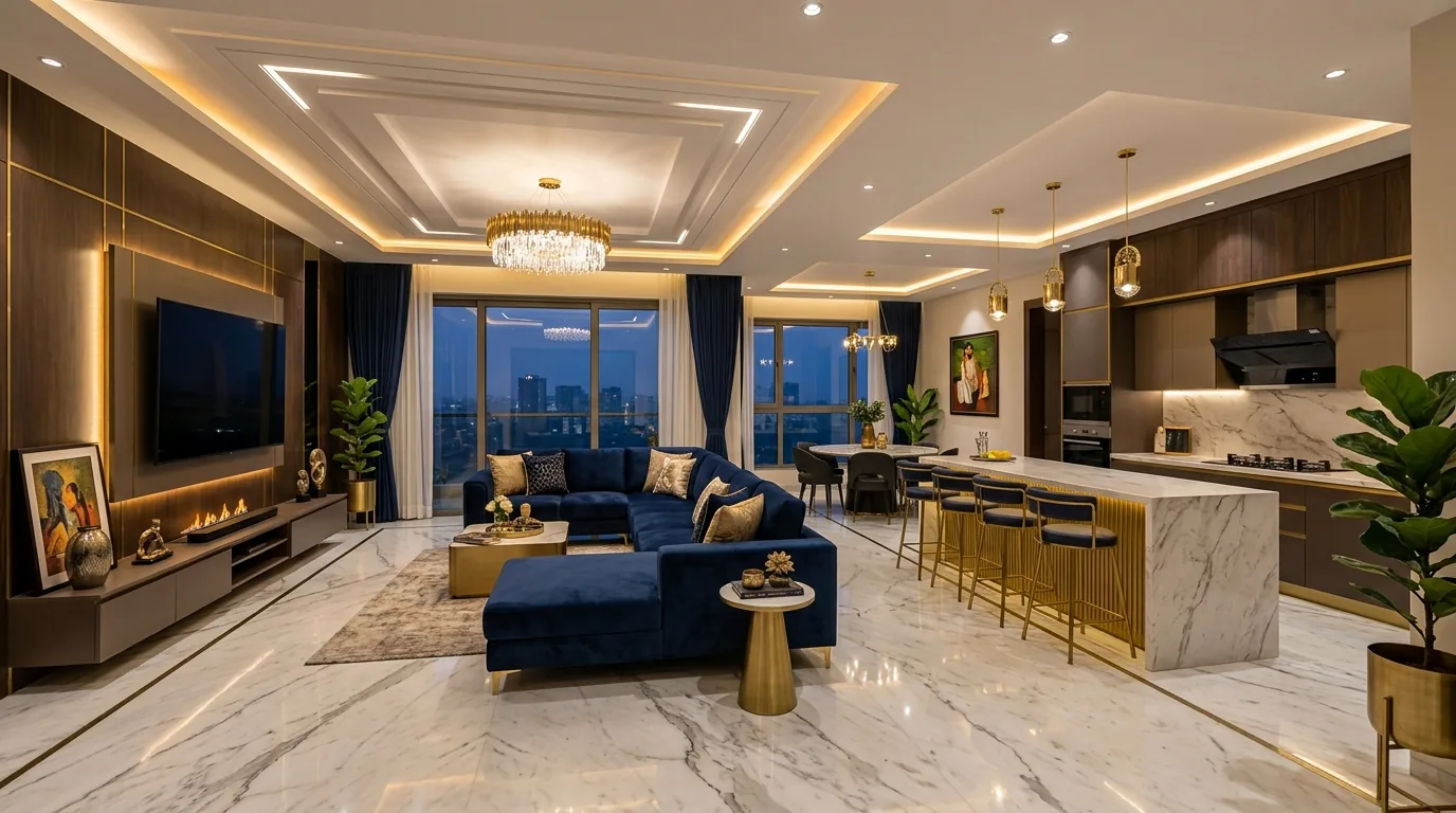 Trilok Constructions luxury modular interior living room and kitchen