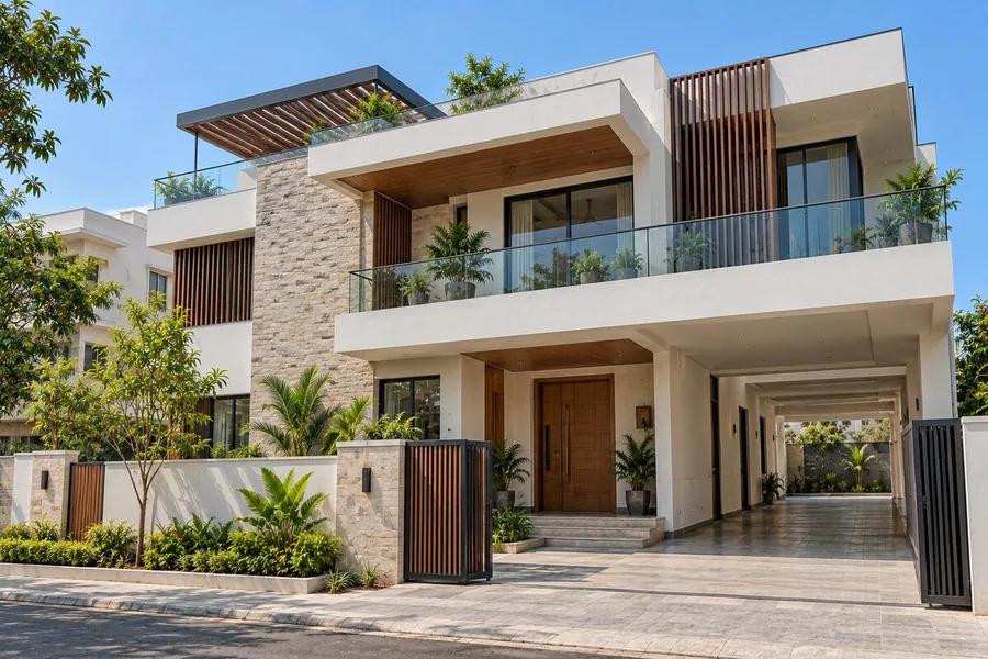Trilok Constructions completed contemporary house with car porch in Bengaluru